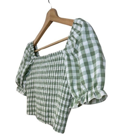 SHEIN Green & White Gingham Print Twist Front Puff Sleeve Crop Top Size 11-12Y☀️ - Picture 9 of 17